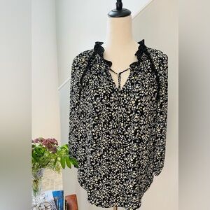 DALIA Blouse BOHO COTTAGE CORE  Floral Tunic Tie String Black/Yellow Dots MEDIUM